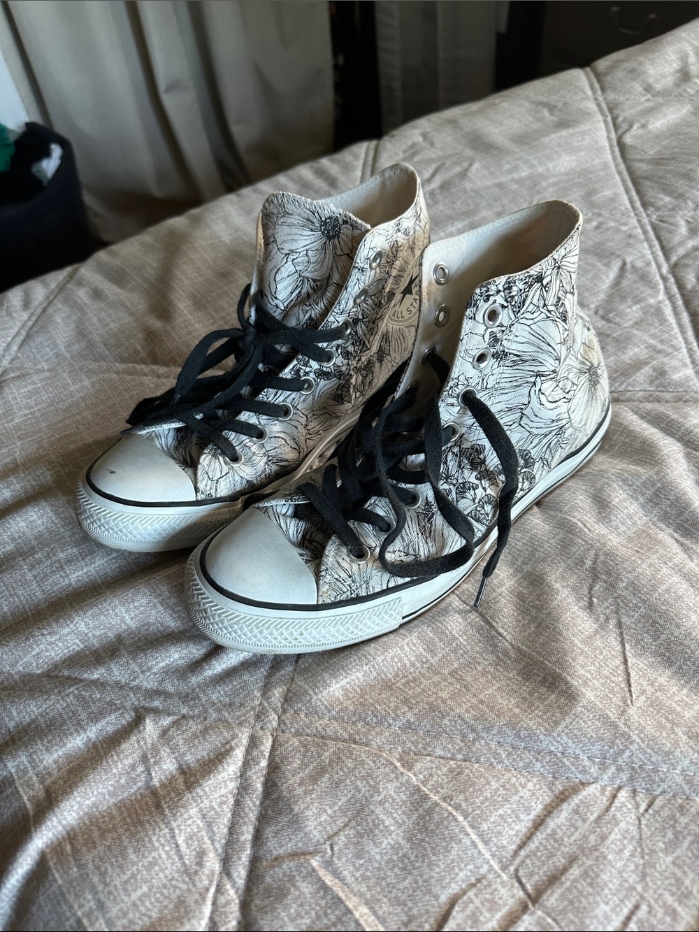 Converse High-Top Canvas Sneakers in White with Black Floral Print